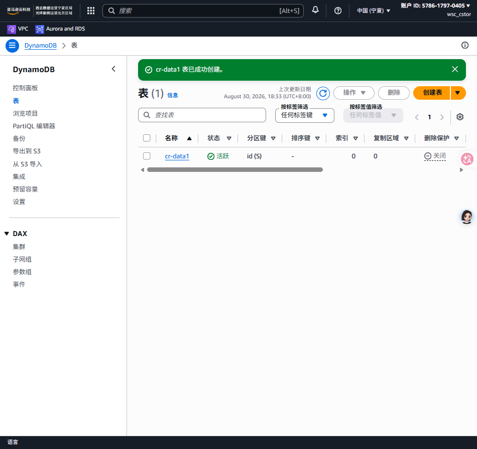 DynamoDB 创建成功