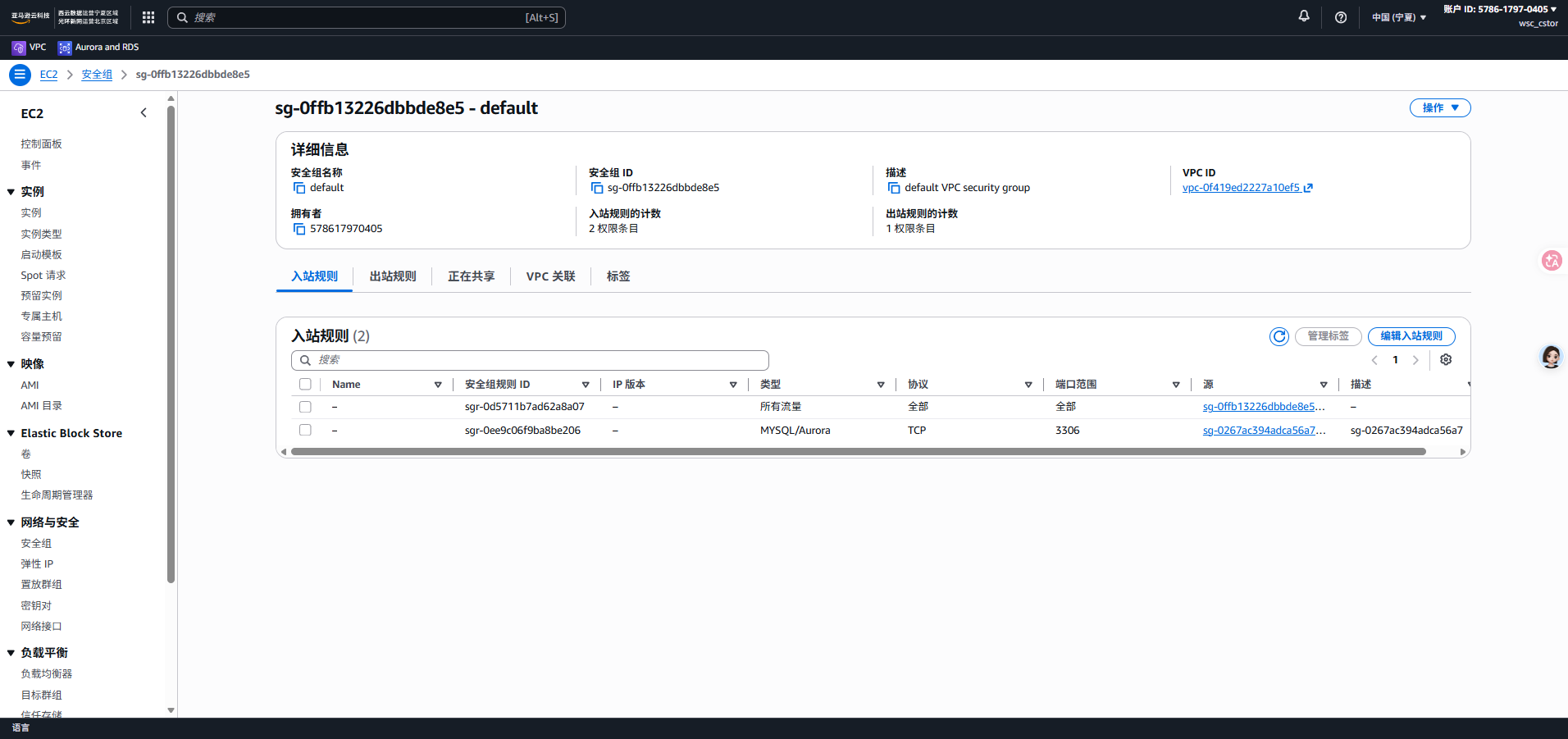 default 安全组已放行 3306